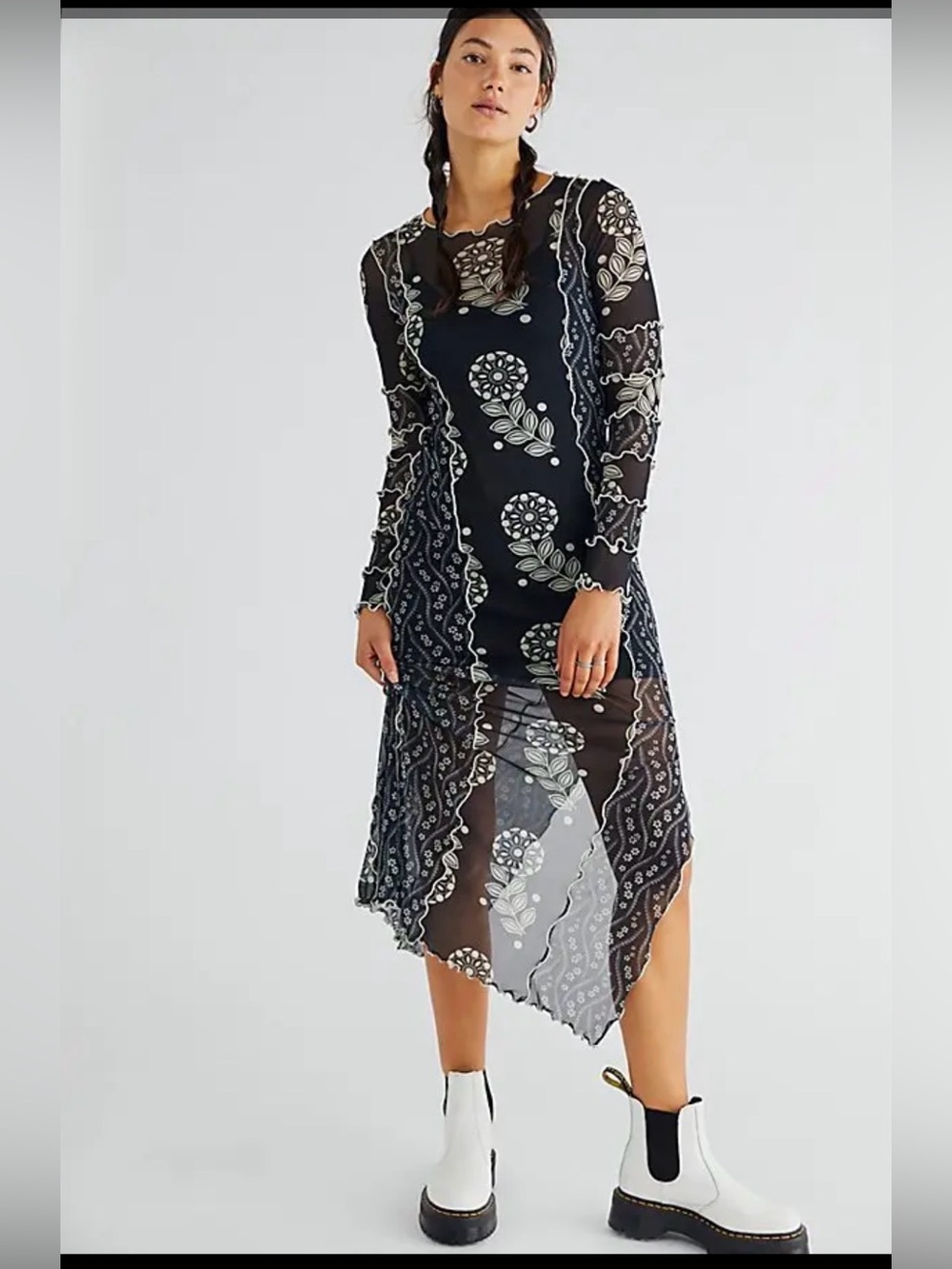 Anna Sui Black Sheer Maxi Dress with Cream Floral Print